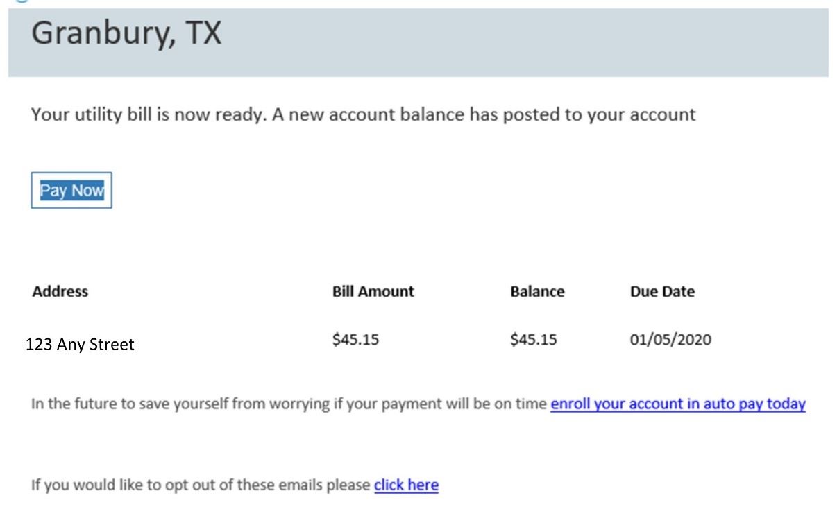 Monthly Email Notification Service for Utility Customers example email