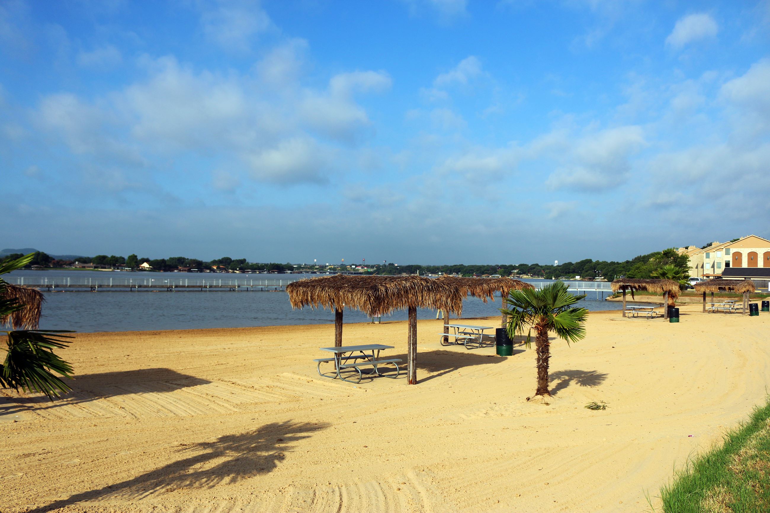 Granbury City Beach with palm trees and a pavilion with tables.